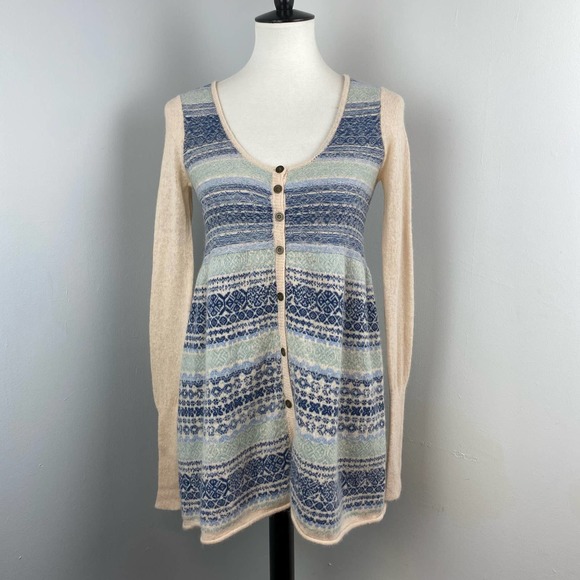 Free People Sweaters - Free People Blue & Cream Nordic Fair Isle Merino Wool Angora Cardigan Small